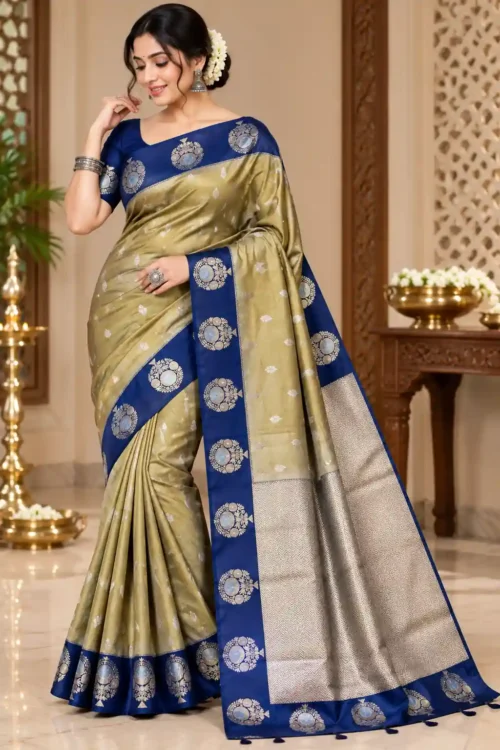 Premium quality Tissue Silk Saree with Contrast Border & Blouse Piece.
