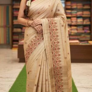 Tashar Soft Silk Saree With katha stitch border & Blouse Piece.