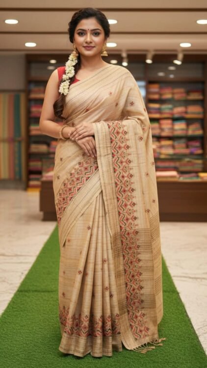 Tashar Soft Silk Saree With katha stitch border & Blouse Piece.