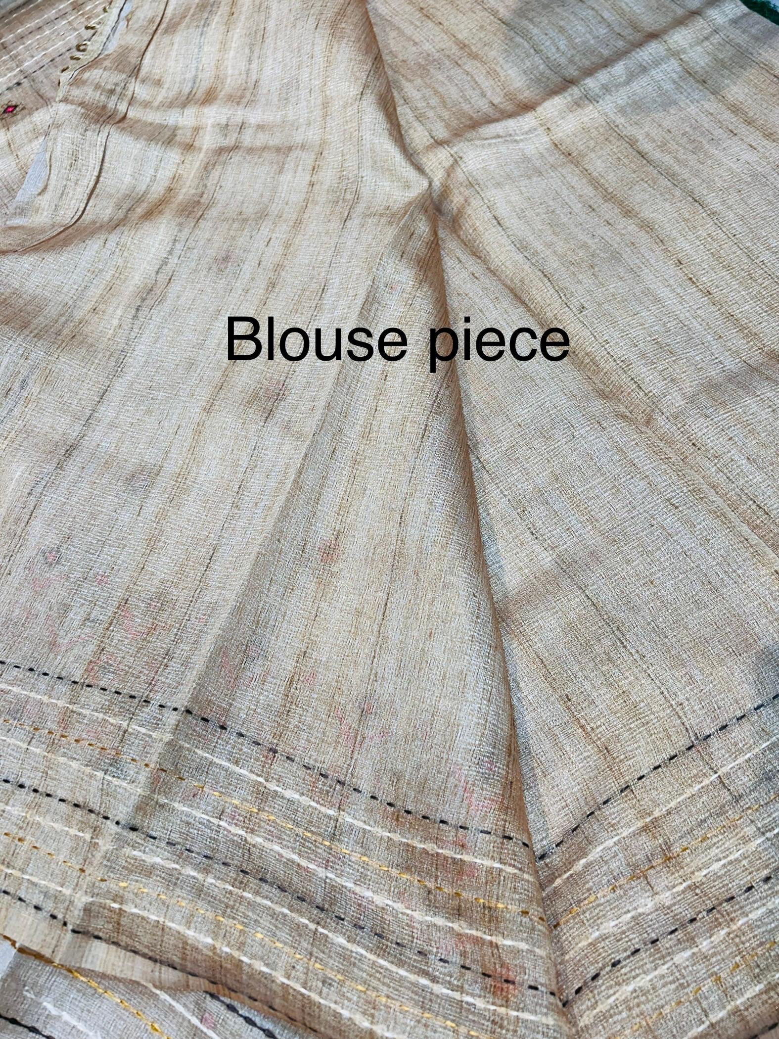 Tashar Soft Silk Saree With katha stitch border & Blouse Piece. - Image 4
