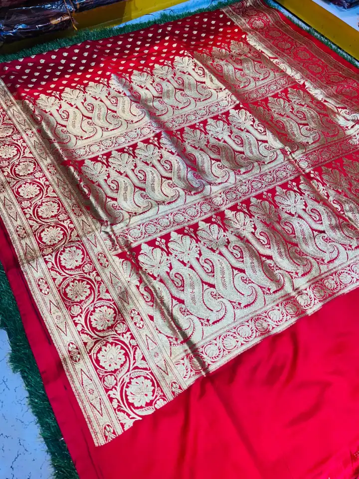 Soft quality Banarasee Silk Saree in red colour (patli) With Blouse Piece. - Image 5