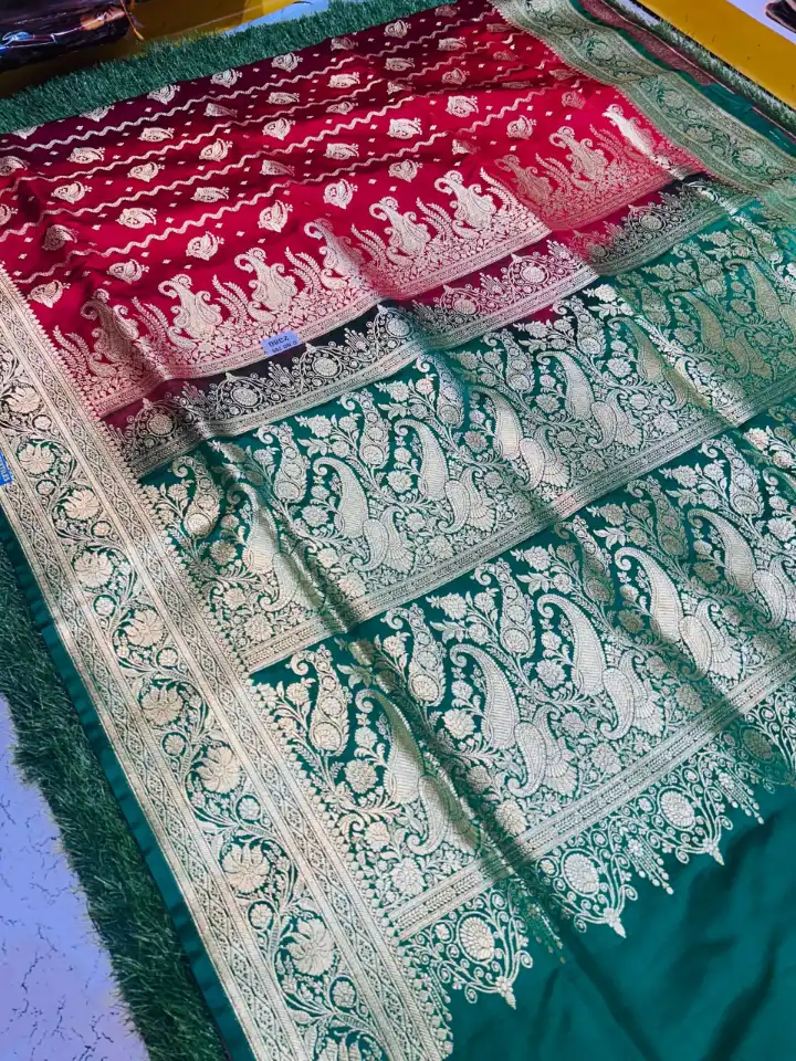 Mashru Banarasee Silk Saree in Marron colour With green contrast border & Blouse Piece. - Image 4
