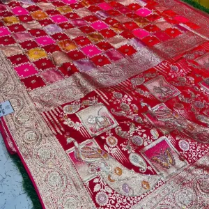 Premium quality Red colour Mashru banarasee Silk Saree With siroski works & Blouse Piece.