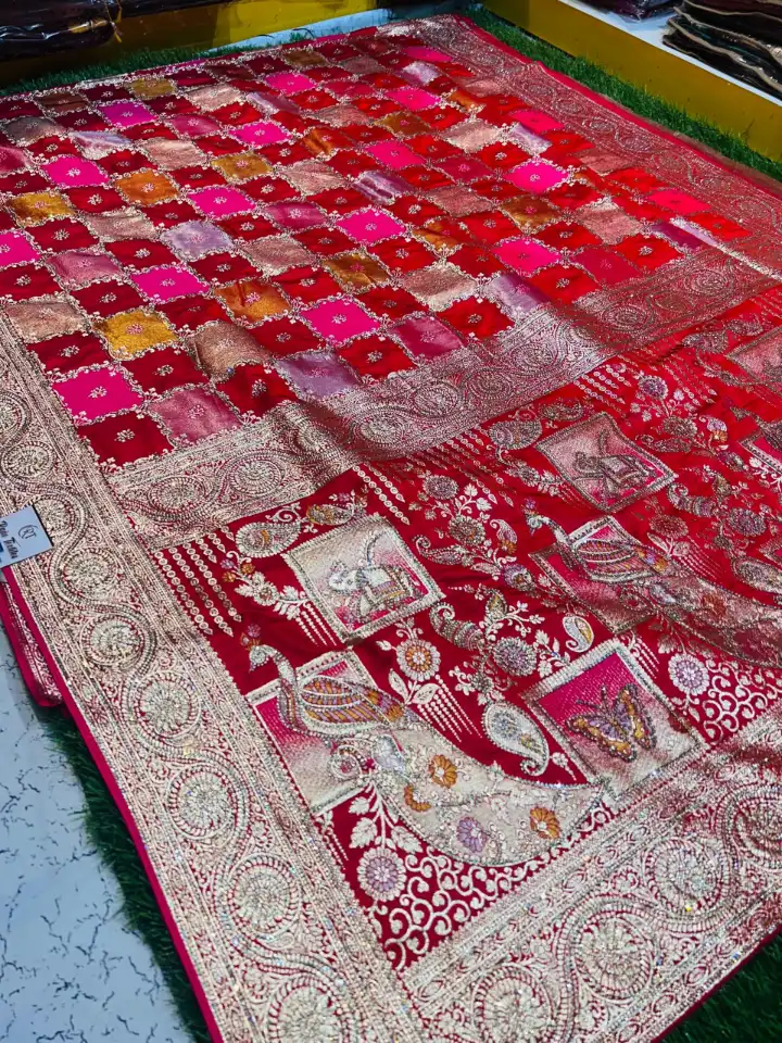 Premium quality Red colour Mashru banarasee Silk Saree With siroski works & Blouse Piece.