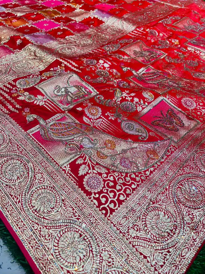 Premium quality Red colour Mashru banarasee Silk Saree With siroski works & Blouse Piece. - Image 3