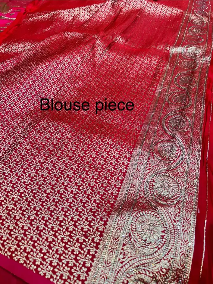 Premium quality Red colour Mashru banarasee Silk Saree With siroski works & Blouse Piece. - Image 5