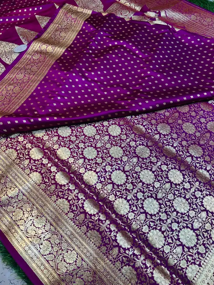 Premium quality Mashru Banarasee Silk Saree in violet colour (patli) With Blouse Piece. - Image 4