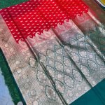Mashru Banarasee Silk Saree in Red colour With Green contrast border & Blouse Piece contrast.