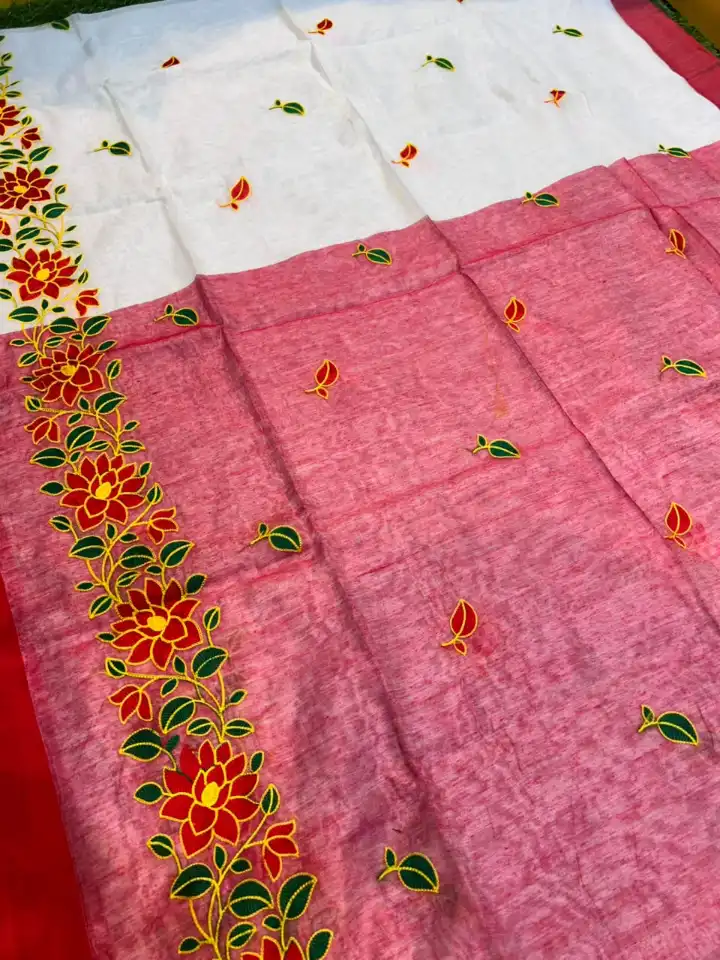 Soft quality Handloom Saree in White & Red Colour with Blouse Piece. - Image 3