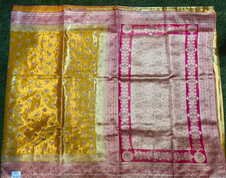 Premium quality Tissue Silk Saree in Contrast With Jarkhan Stone Works & Blouse Piece. - Image 3