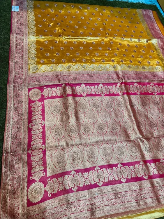 Premium quality Tissue Silk Saree in Contrast With Jarkhan Stone Works & Blouse Piece.