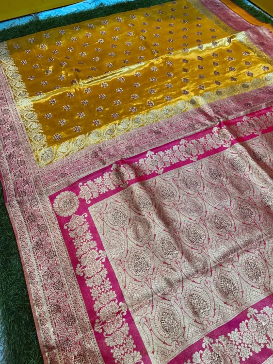 Premium quality Tissue Silk Saree in Contrast With Jarkhan Stone Works & Blouse Piece. - Image 2