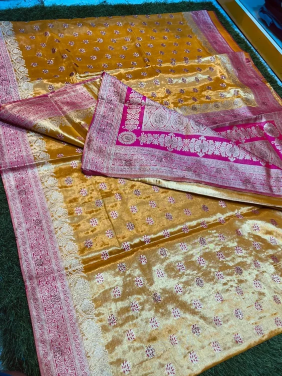 Premium quality Tissue Silk Saree in Contrast With Jarkhan Stone Works & Blouse Piece. - Image 5