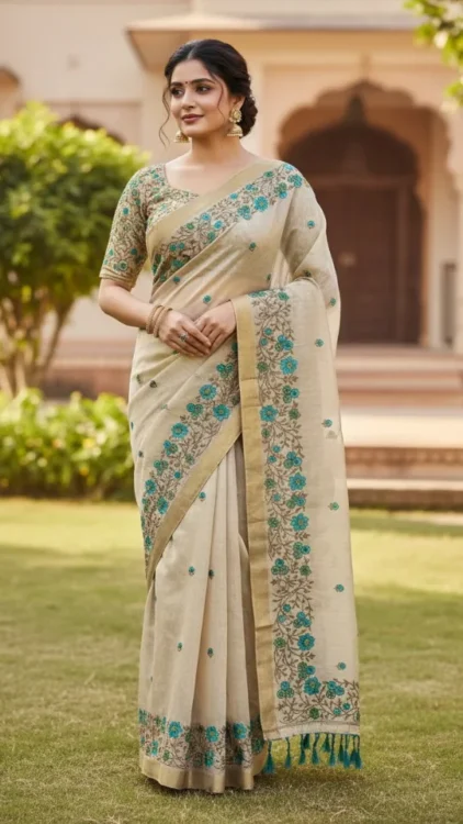 Tashar Soft Silk Saree Cream colour With Blouse Piece.