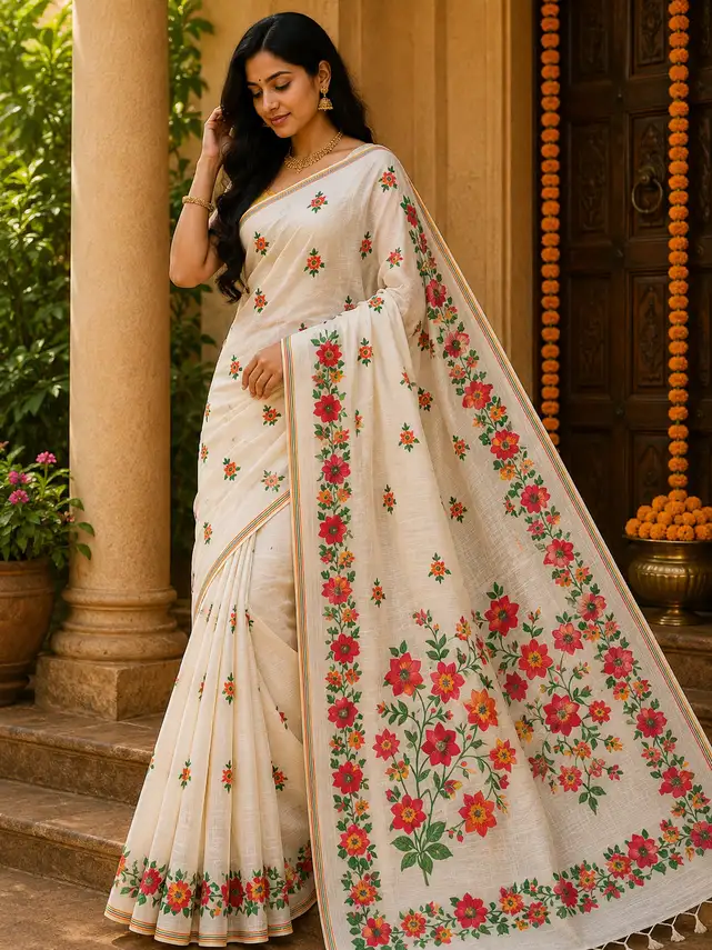 Soft quality Handloom Saree in Prints Works with Blouse Piece.