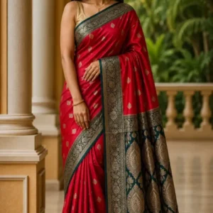Premium quality Mashru Satin Silk Saree with contrast border & Blouse Piece.