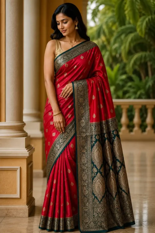 Premium quality Mashru Satin Silk Saree with contrast border & Blouse Piece.