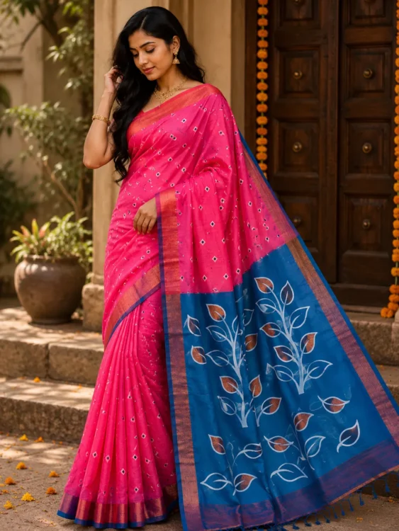 Premium quality Soft Handloom Saree with Contrast Border & Blouse Piece.