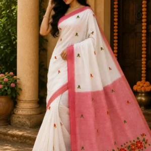 Soft quality Handloom Saree in White & Red Colour with Blouse Piece.