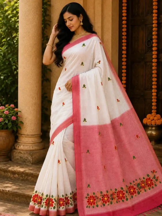 Soft quality Handloom Saree in White & Red Colour with Blouse Piece.