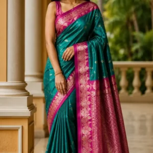Premium quality Mashru Satin Silk Saree with contrast border & Blouse Piece.
