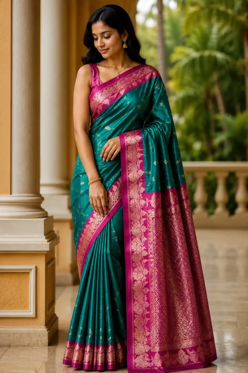 Premium quality Mashru Satin Silk Saree with contrast border & Blouse Piece.