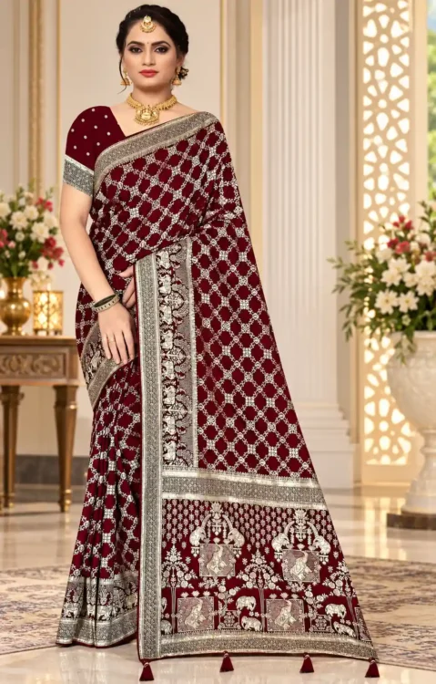 Premium quality Mashru Silk Saree in Pastel Colour With Jarkhan Stone Works & Blouse Piece.