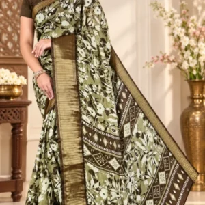 Soft quality Linen Dola Silk Saree with Prints Work & Blouse Piece.