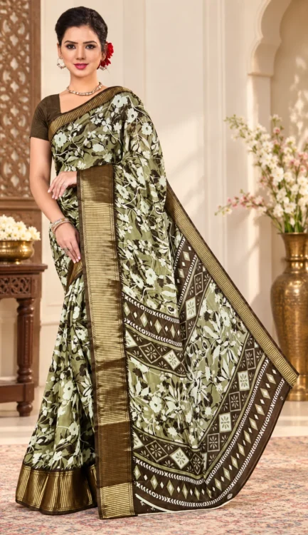 Soft quality Linen Dola Silk Saree with Prints Work & Blouse Piece.