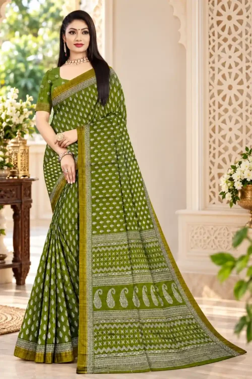 Soft quality Linen Silk Saree with Prints Work & Blouse Piece