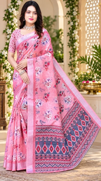Soft quality Jute Linen Silk Saree with Digital Prints Work & Blouse Piece.
