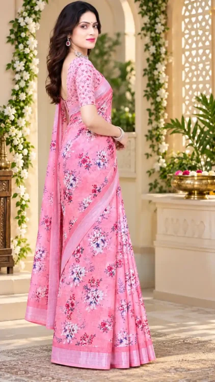 Soft quality Jute Linen Silk Saree with Digital Prints Work & Blouse Piece. - Image 2