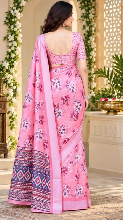 Soft quality Jute Linen Silk Saree with Digital Prints Work & Blouse Piece. - Image 3