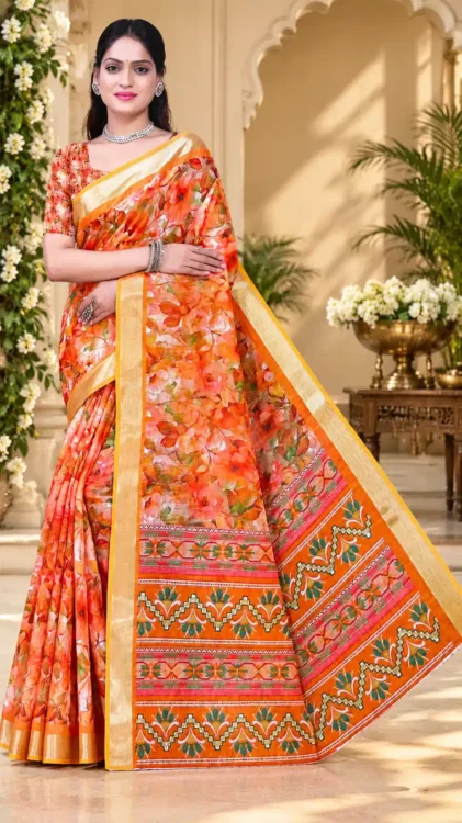 Soft quality Jute Linen Silk Saree with Digital Prints Work & Blouse Piece.
