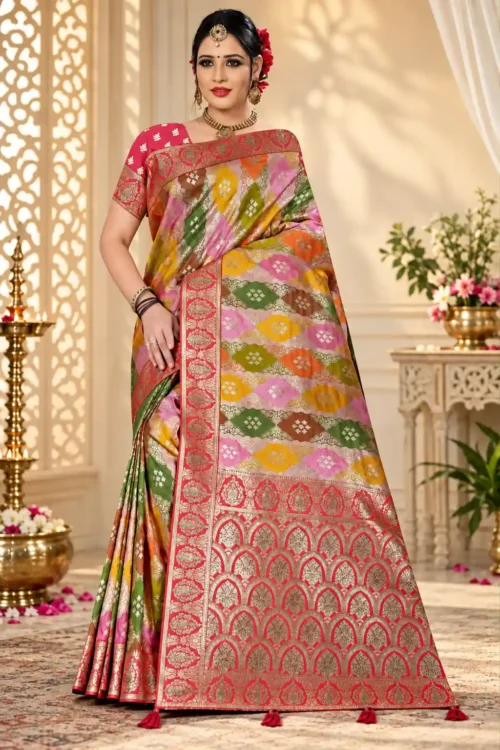 Premium quality Mashru Rangkaat Silk Saree With Jarkhan Stone Works & Blouse Piece.