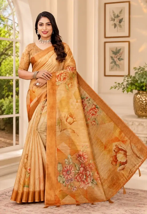 Soft quality Jute Linen Silk Saree with Digital Prints Work & Blouse Piece.