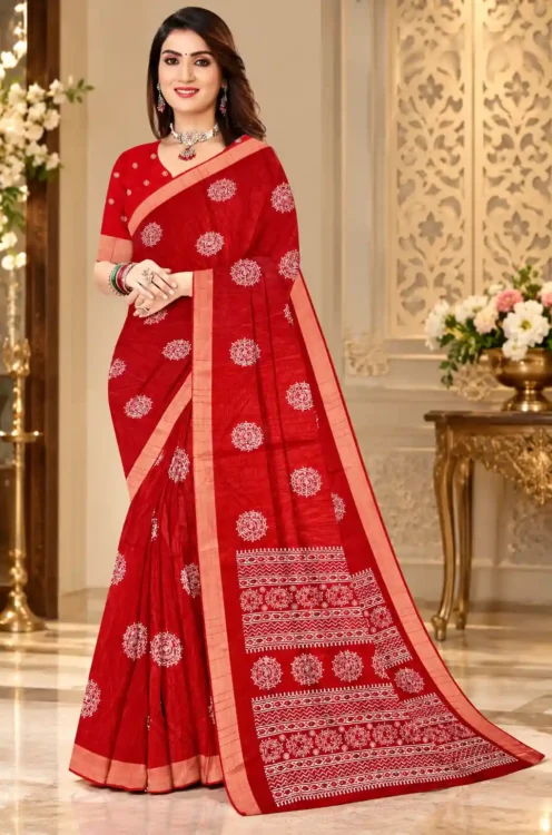 Soft quality Linen Silk Saree with Prints Work & Blouse Piece.