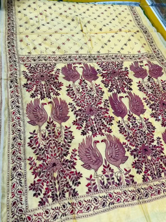Premium quality Handloom Saree with Katha Stitch works & Blouse Piece.
