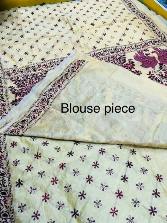 Premium quality Handloom Saree with Katha Stitch works & Blouse Piece. - Image 3
