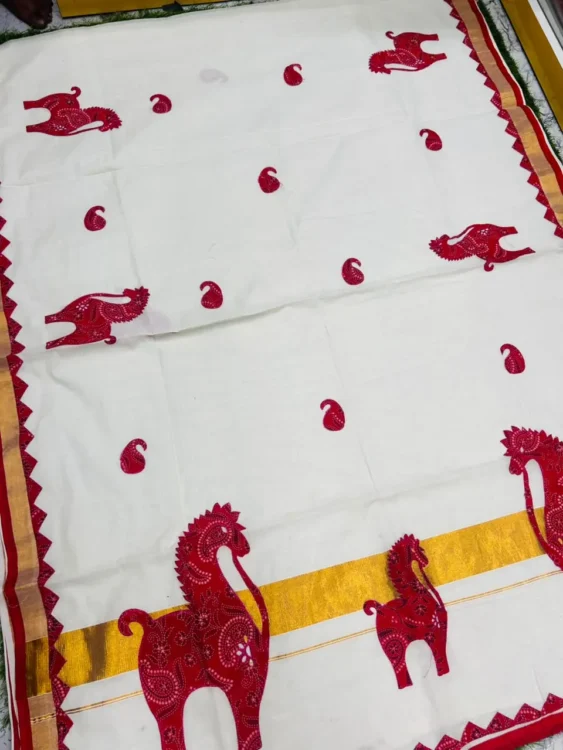 Soft qualityWhite & Red Handloom Saree in Applique works & Blouse Piece. - Image 3