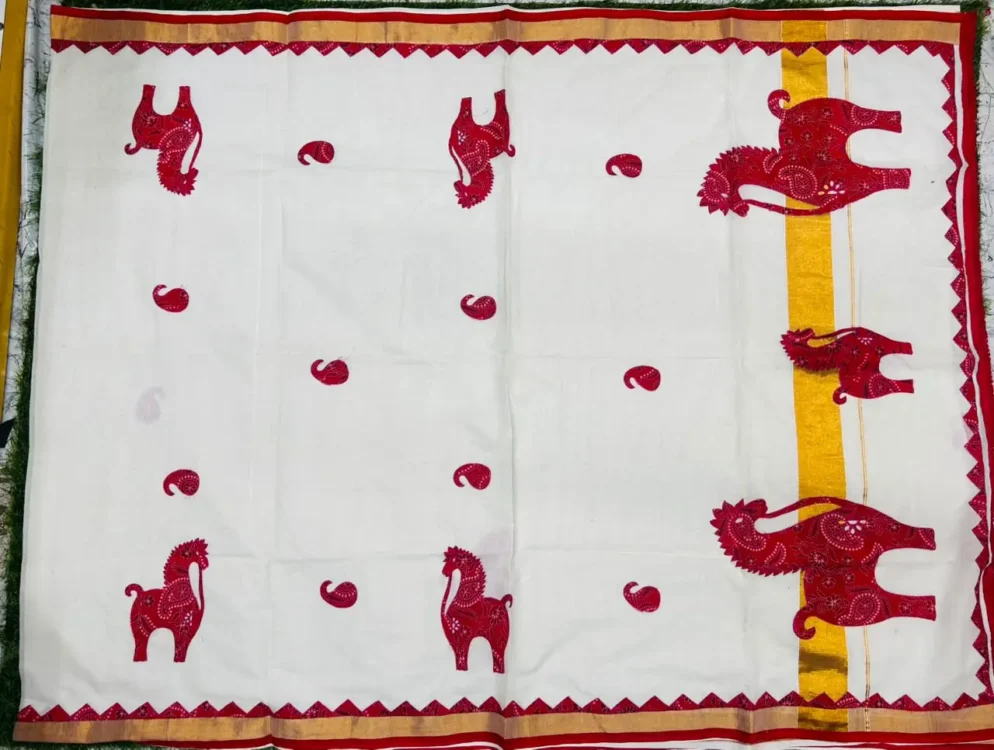 Soft qualityWhite & Red Handloom Saree in Applique works & Blouse Piece. - Image 2