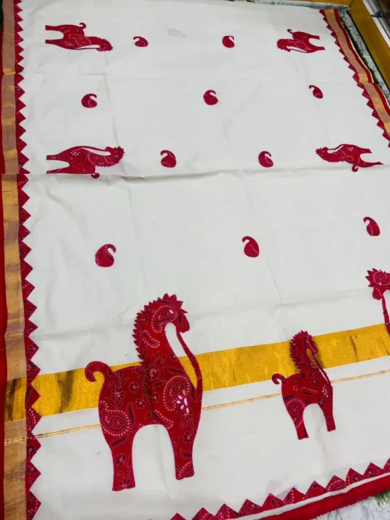 Soft qualityWhite & Red Handloom Saree in Applique works & Blouse Piece.