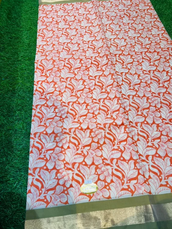Soft quality Kerala cotton Saree in Prints works With Blouse Piece. - Image 2