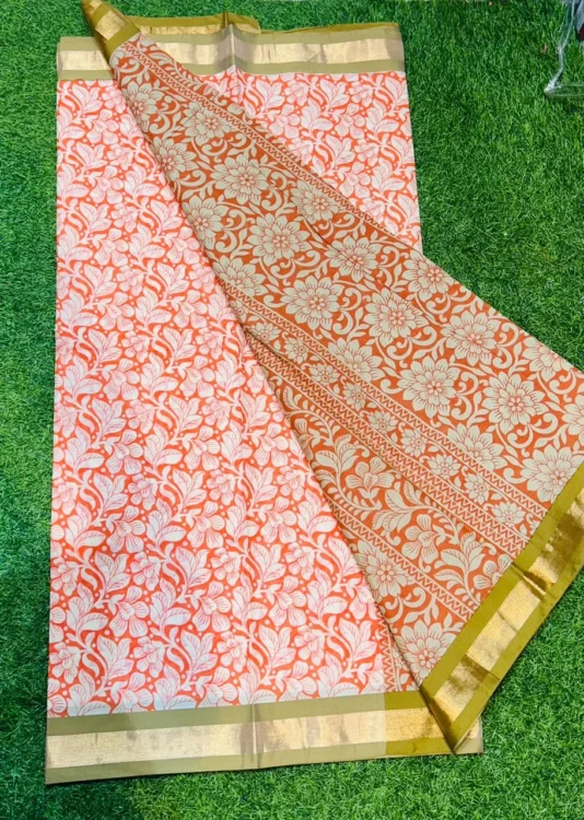 Soft quality Kerala cotton Saree in Prints works With Blouse Piece. - Image 3