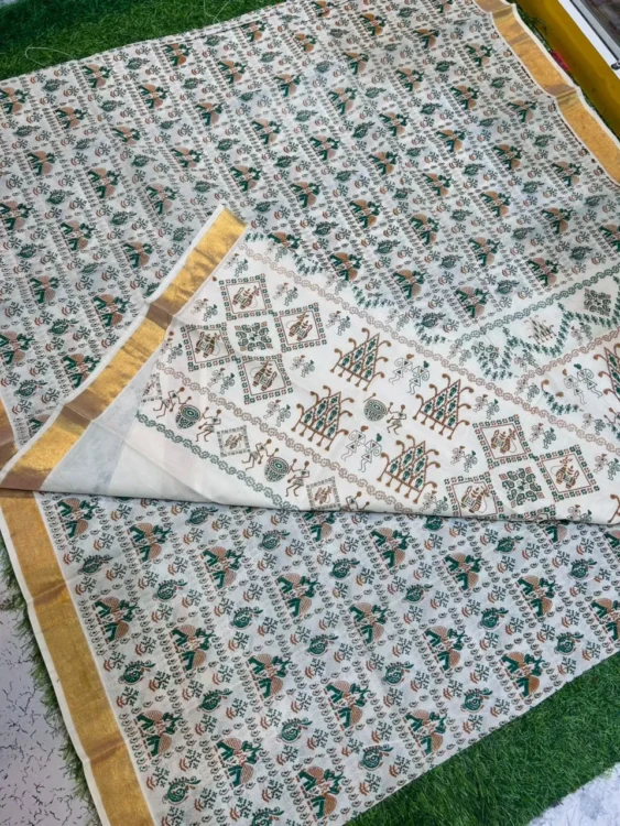 Soft quality Kerala cotton Saree in Prints works With Blouse Piece. - Image 3