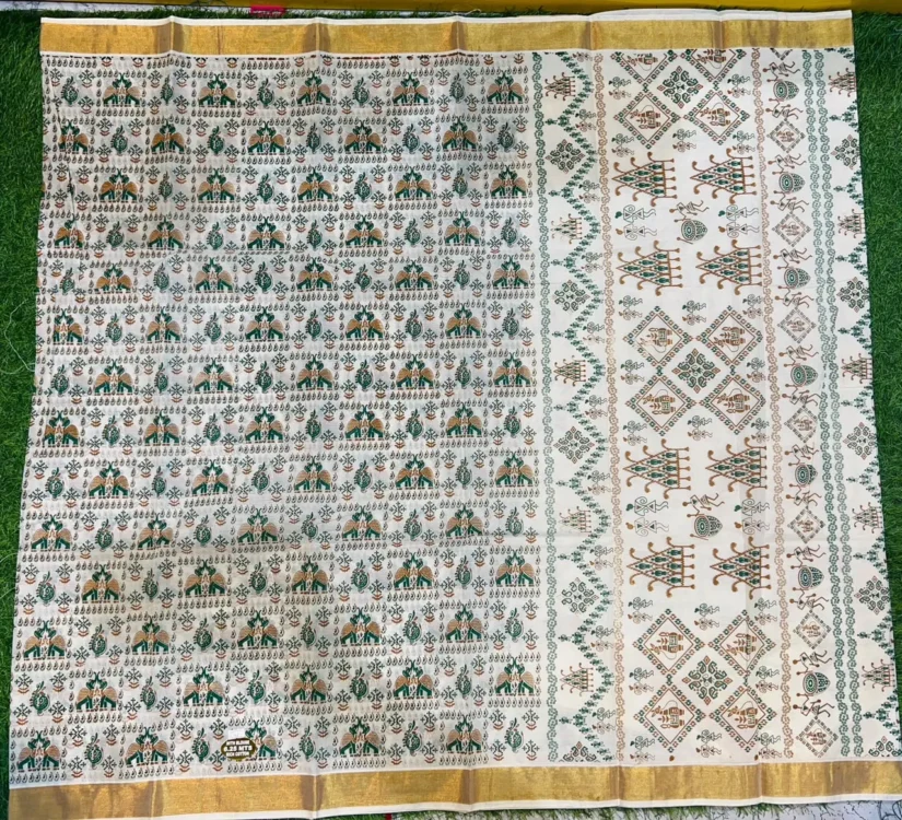 Soft quality Kerala cotton Saree in Prints works With Blouse Piece. - Image 2