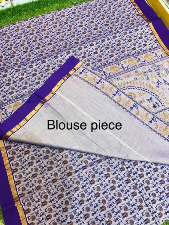 Soft quality Kerala cotton Saree in Prints works With Blouse Piece. - Image 2
