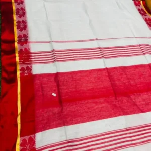 Soft quality Handloom Saree In Plain Body (white & Red ) With Blouse Piece.