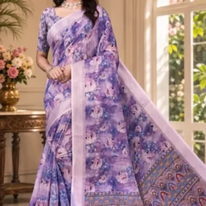 Soft quality Jute Linen Silk Saree with Digital Prints Work & Blouse Piece.