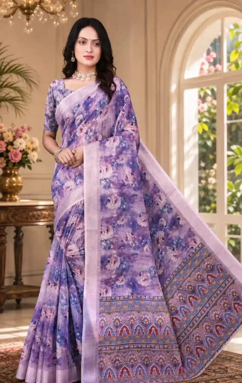 Soft quality Jute Linen Silk Saree with Digital Prints Work & Blouse Piece.